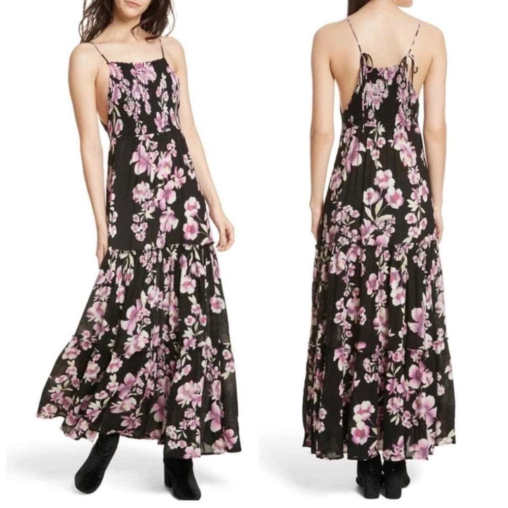 Free People Garden Party Tiered Maxi Dress Black Pink Floral SMALL Resort Summer